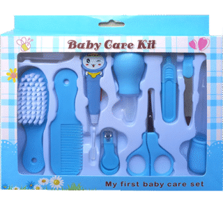 A complete 10-piece newborn grooming set featuring brush, comb, nail clipper, scissors, thermometer, nasal aspirator, and more. Gentle, safe, and ideal for baby care at home or during travel.
