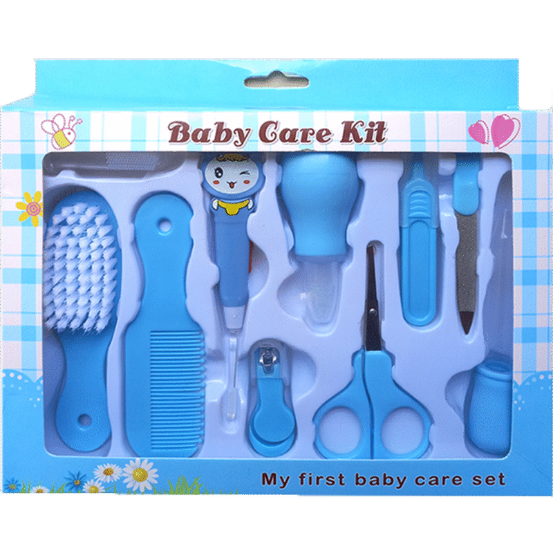 A complete 10-piece newborn grooming set featuring brush, comb, nail clipper, scissors, thermometer, nasal aspirator, and more. Gentle, safe, and ideal for baby care at home or during travel.