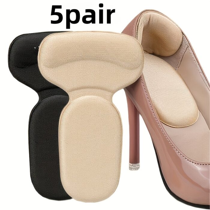 Shop 5 Pairs of T-Shaped Heel Cushion Pads – Soft, non-slip sponge heel protectors that prevent blisters and fix loose shoes. Ideal for women’s heels and flats.